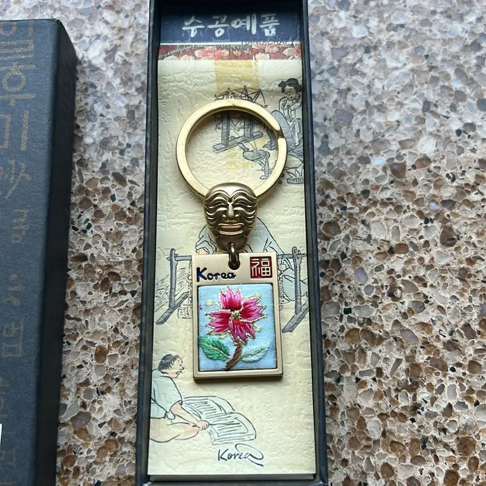 Gold Tone Korean Mask Keychain with Flower 🌺 Tag In Box 🗃️ engraved Korea back